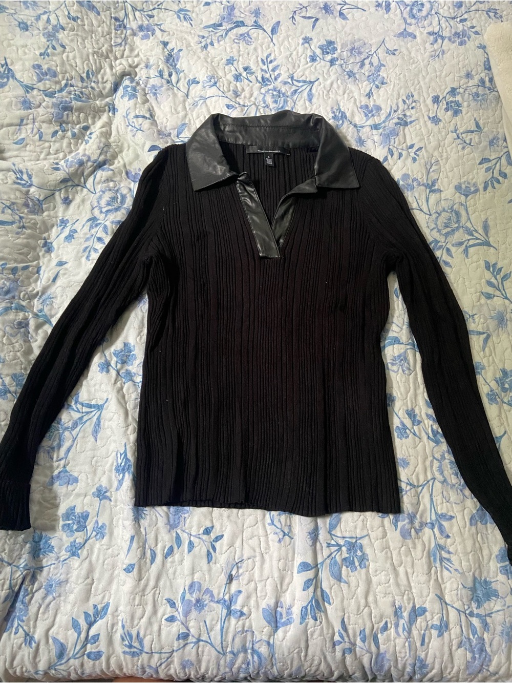 White House Black Market Black Ribbed Long Sleeve Top with Faux Leather Collar